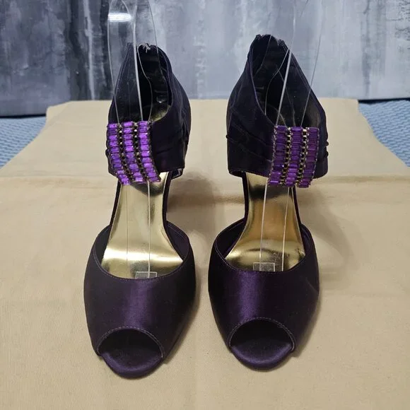 Nine West Purple Satin with Rhinestone Strappy High Heels - Size 6 - Picture 4 of 6